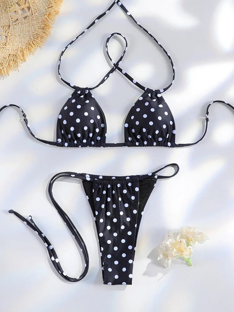 Halter Dot Bikinis New Thongs Swimsuit Women's Swimwear 2025 Dot Bathing Suit High Cut Biquini Mujer Micro Thongs Beach Wear