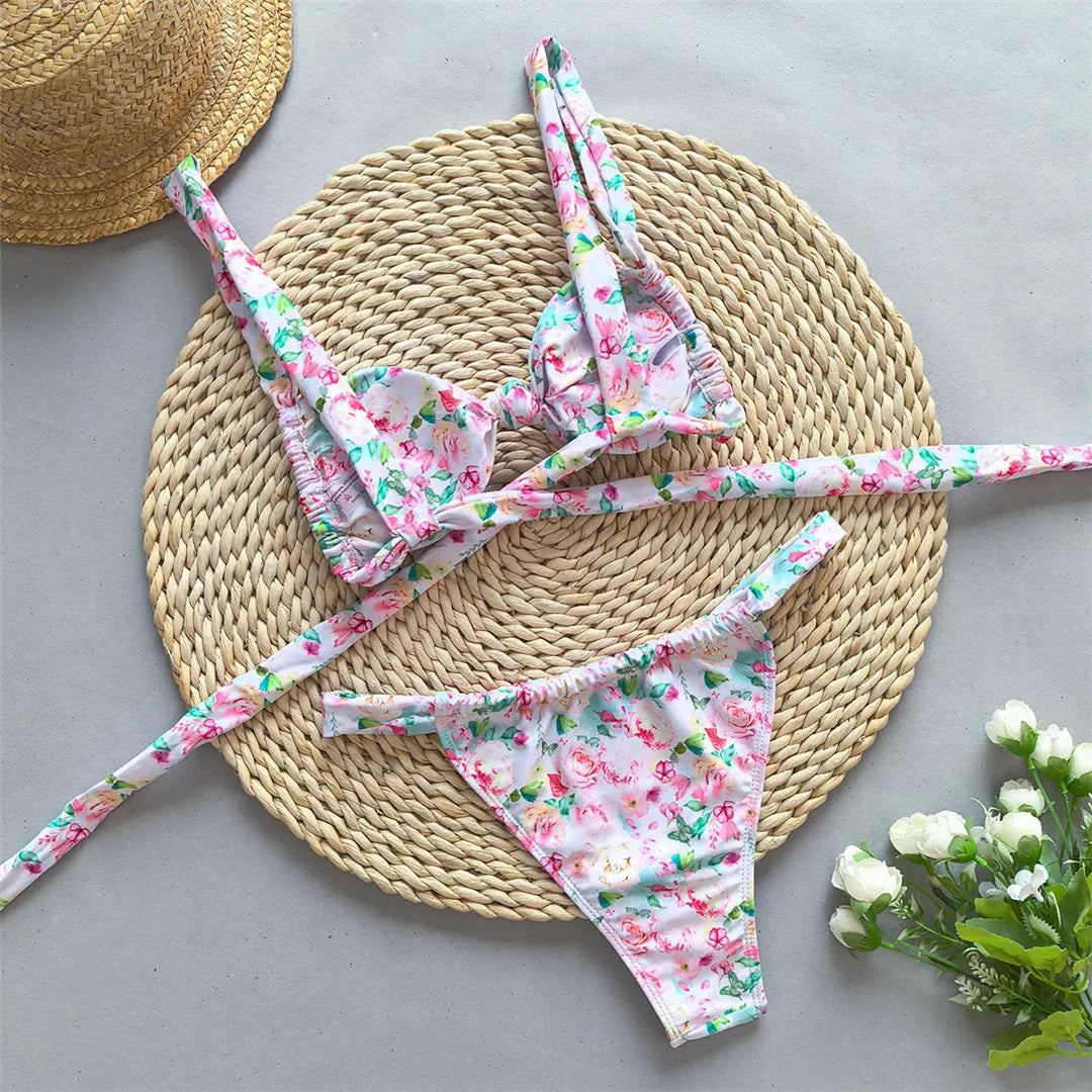 Tie Dye Flowers Printed High Leg Cut Bikini Female Swimsuit Women Swimwear Two-pieces Bikini set Bather Bathing Suit Swim V5842
