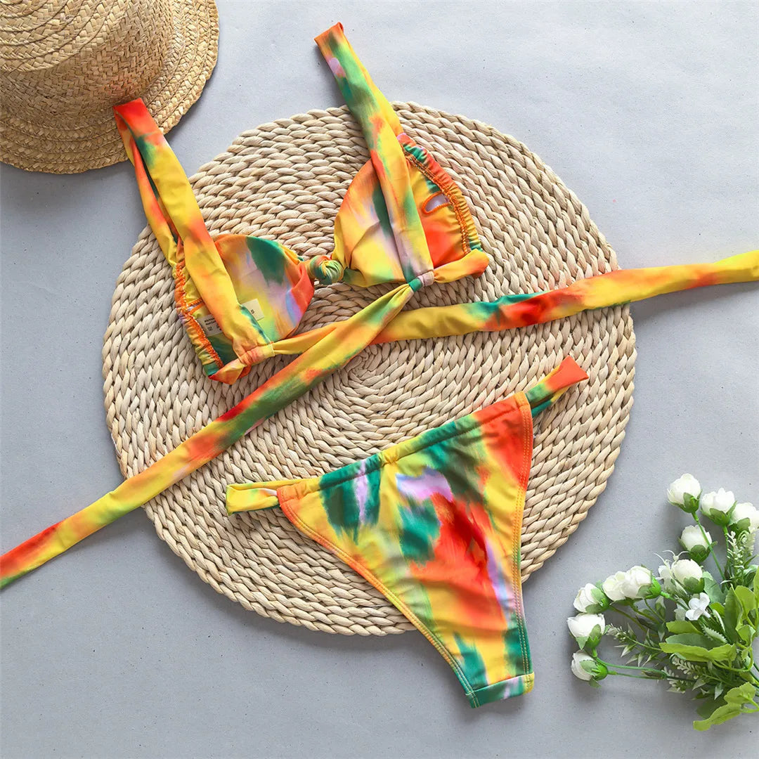 Tie Dye Flowers Printed High Leg Cut Bikini Female Swimsuit Women Swimwear Two-pieces Bikini set Bather Bathing Suit Swim V5842