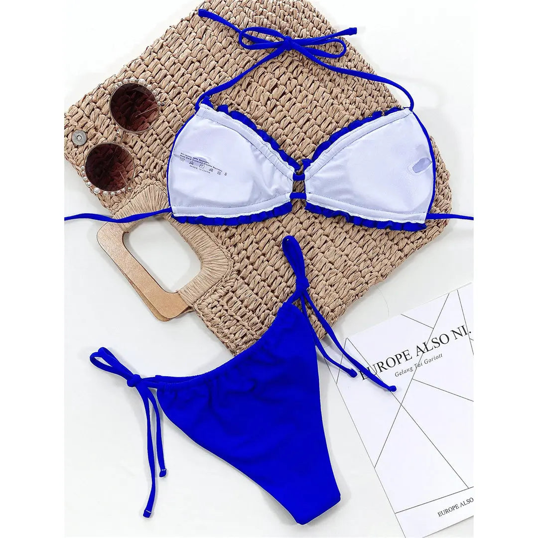Sexy Ruffled Frilled Pleated Ruched Bikini Women Swimwear Female Swimsuit Two-pieces Bikini set Bather Bathing Suit Swim V3239SW