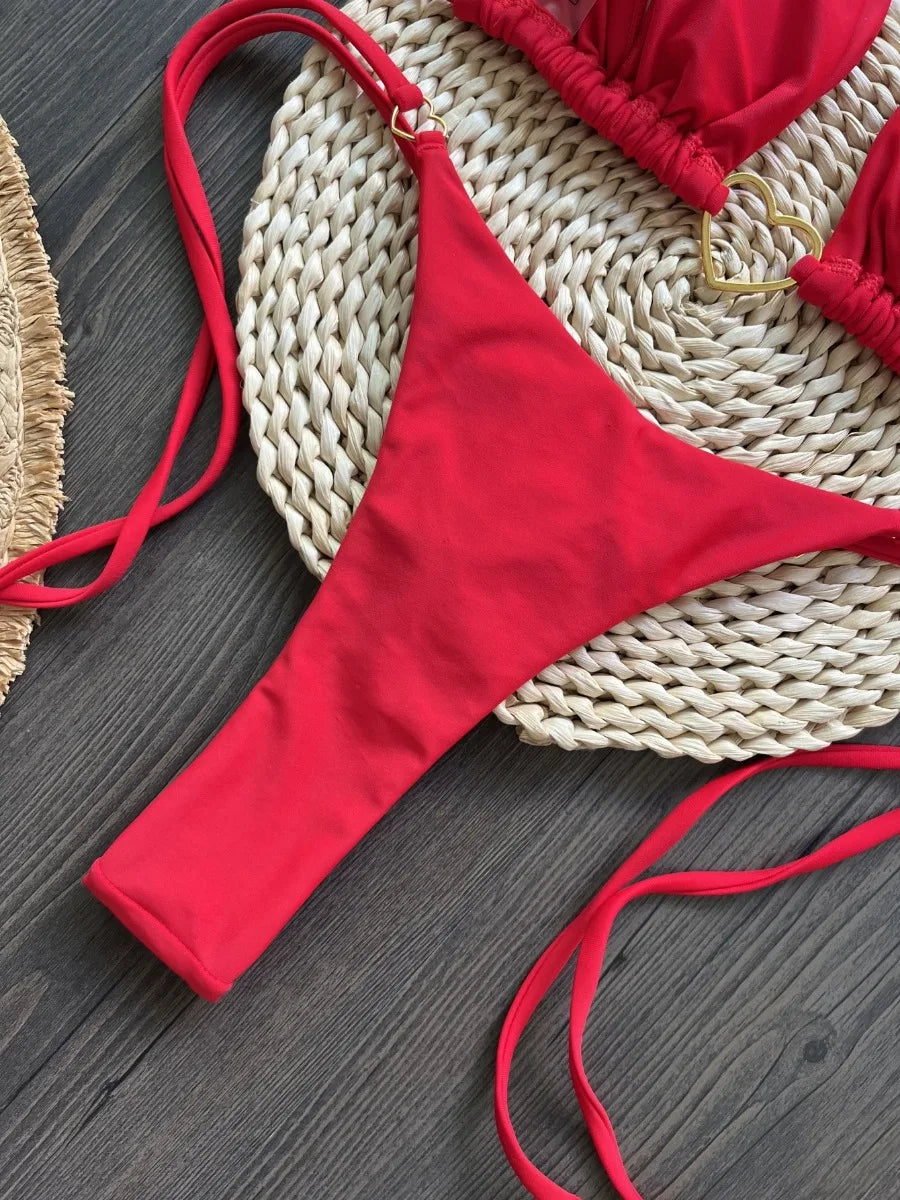 2026 New Red Solid Color Bikini Set for Women Triangle Cup Halter Backless Swimsuit Suit Beach Vacation Thong Sexy Swimwear