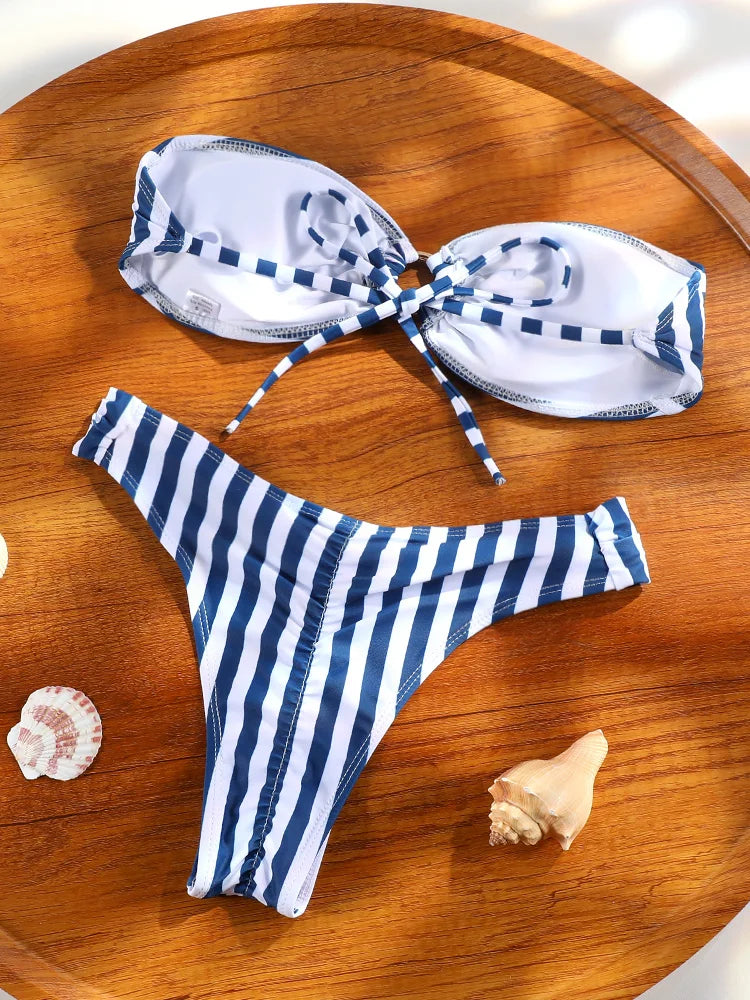 ZRTAK Sexy Bandeau Bikinis for Women Striped Swimwear Beachwear Bathing Suit Biquinis High Cut Bikini Sets Push Up Swimsuit