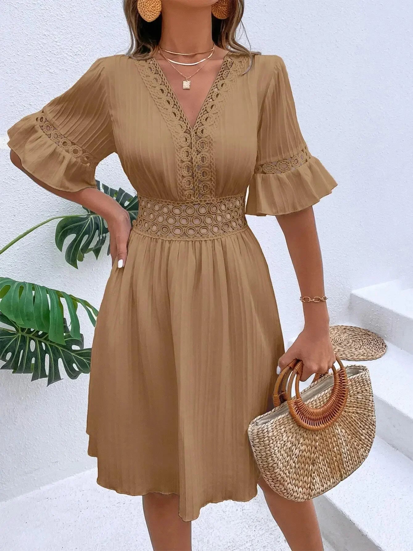 Women's Solid Dress 2025 New Summer Temperament Fashion Hollow Out V-neck Flared Sleeves Casual Women's Dress White Beach Dress