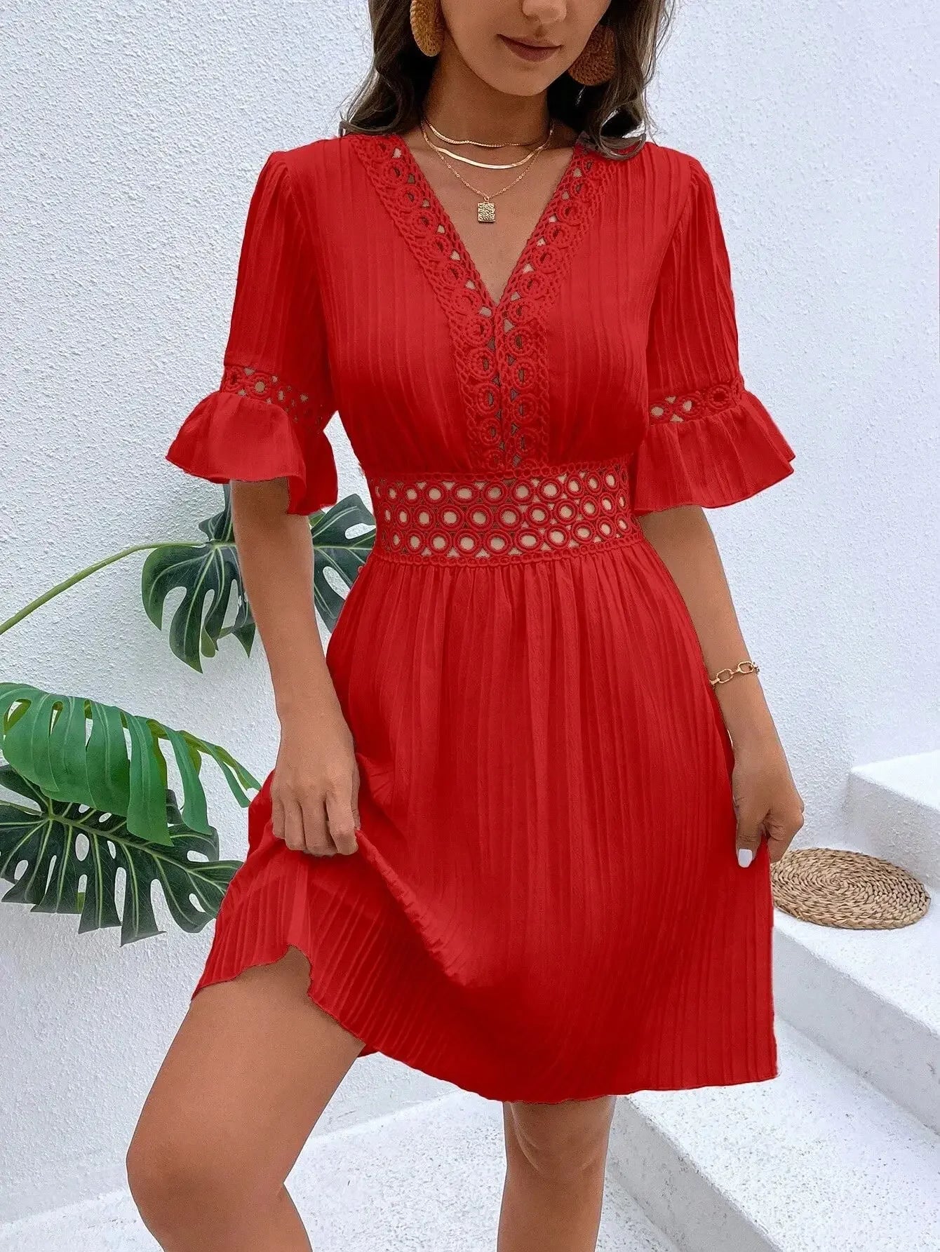 Women's Solid Dress 2025 New Summer Temperament Fashion Hollow Out V-neck Flared Sleeves Casual Women's Dress White Beach Dress