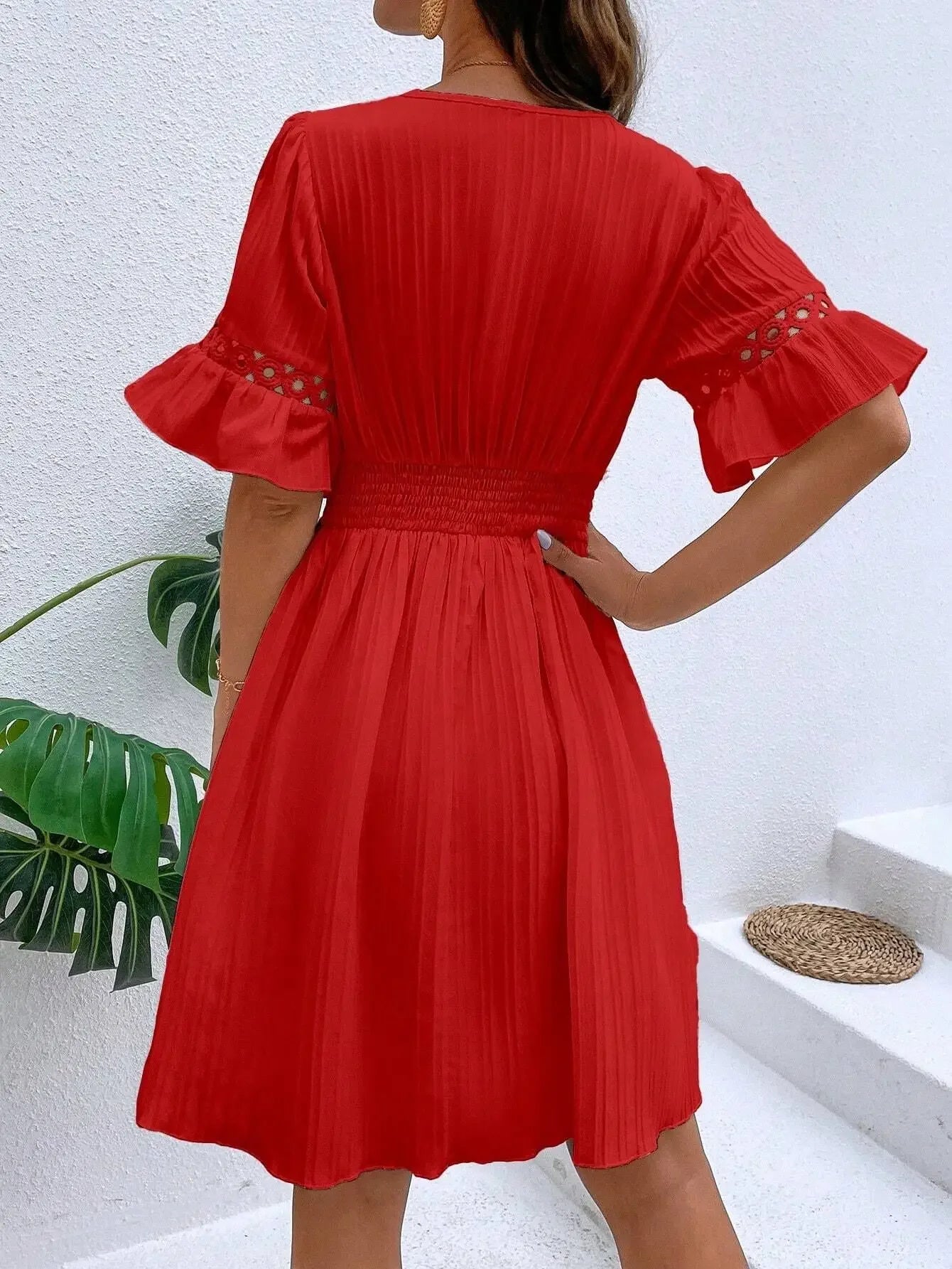 Women's Solid Dress 2025 New Summer Temperament Fashion Hollow Out V-neck Flared Sleeves Casual Women's Dress White Beach Dress
