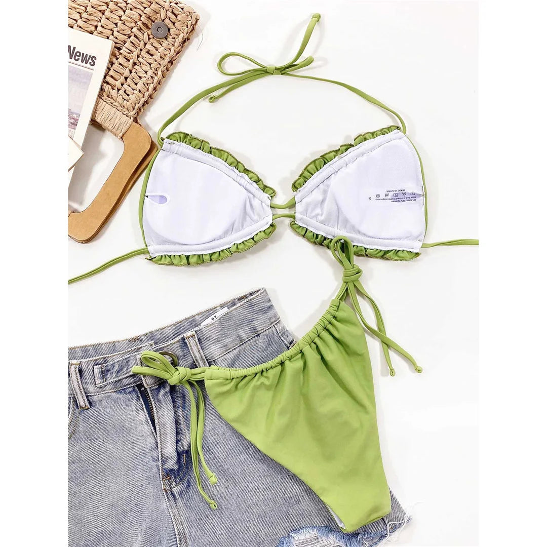 Sexy Ruffled Frilled Pleated Ruched Bikini Women Swimwear Female Swimsuit Two-pieces Bikini set Bather Bathing Suit Swim V3239SW
