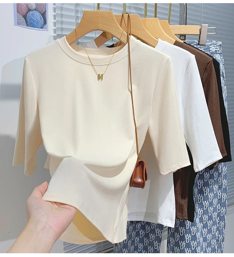 AOSSVIAO 2026 Summer 100% Cotton Women's T-shirt Bottoming Basic Crew Neck Fashionable Solid Lady Short Sleeve Tops Shirts