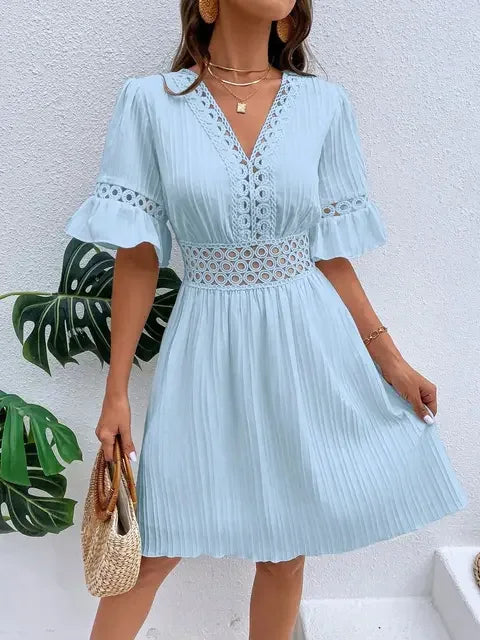 Women's Solid Dress 2025 New Summer Temperament Fashion Hollow Out V-neck Flared Sleeves Casual Women's Dress White Beach Dress