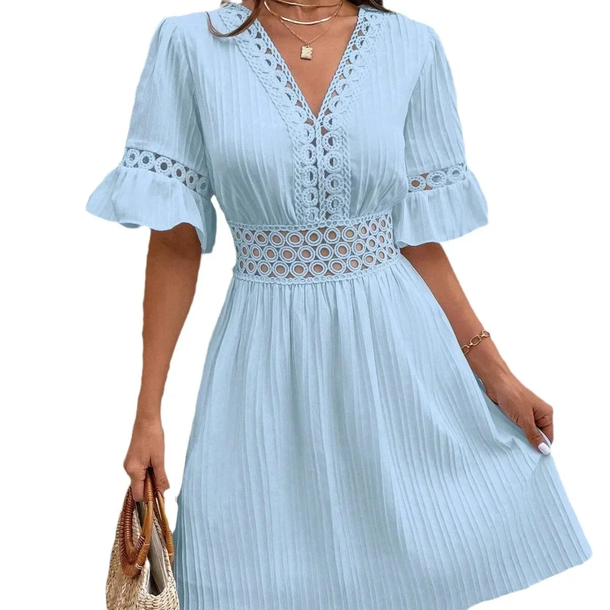 Women's Solid Dress 2025 New Summer Temperament Fashion Hollow Out V-neck Flared Sleeves Casual Women's Dress White Beach Dress
