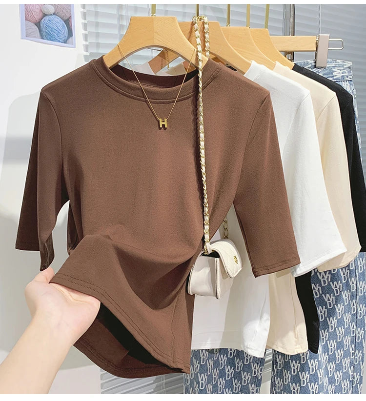 AOSSVIAO 2026 Summer 100% Cotton Women's T-shirt Bottoming Basic Crew Neck Fashionable Solid Lady Short Sleeve Tops Shirts